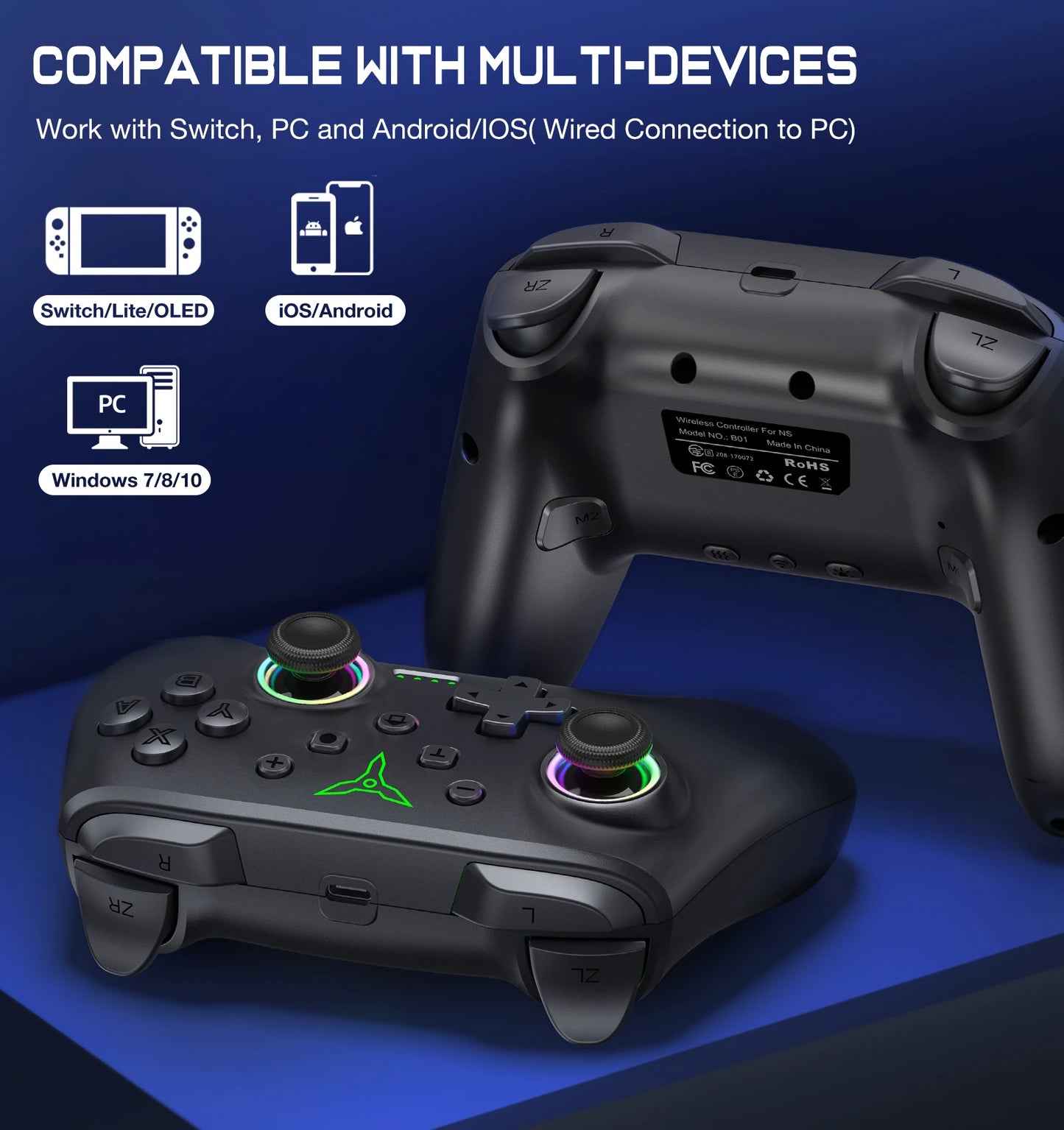 Controle Bluetooth sem fio para Nintendo Switch Pro, Joystick Original, Gamepad, Lag Free Gamepad, RGB, PC